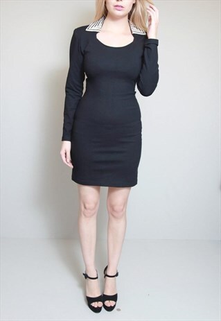 VINTAGE 1980S NINA LOO BLACK EMBELLISHED COLLAR DRESS
