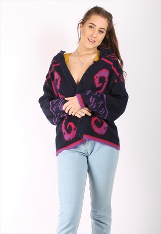 VINTAGE 80S BEADED CARDIGAN IN BLUE WITH PURPLE PATTERN