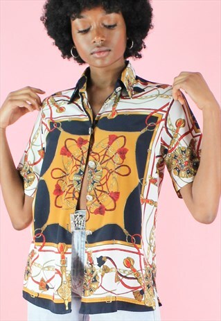 VINTAGE 90S SHIRT BLOUSE BAROQUE Y2K WHITE BLUE CHAIN PRINT