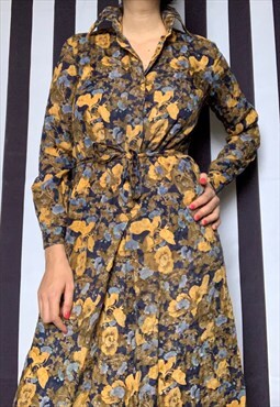 Vintage 70s yellow floral midi wrap dress with belt, UK10/12