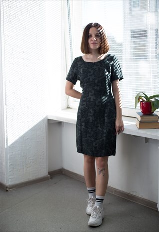 VINTAGE 80'S DARK GREEN ROSE PRINT MINI DRESS