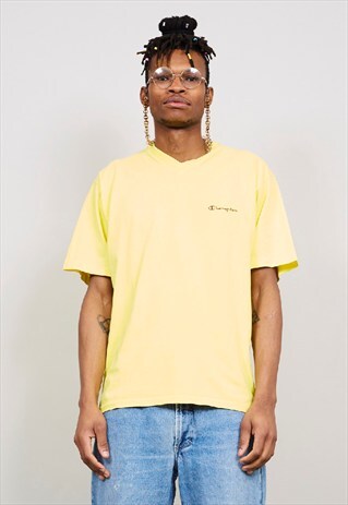 VINTAGE 90'S CHAMPION V-NECK YELLOW T-SHIRT