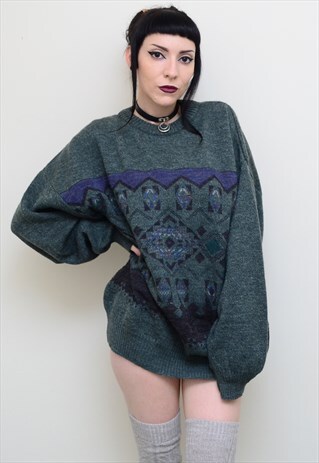 VINTAGE 90'S GRUNGE PATTERNED WINTER SLOUCHY JUMPER