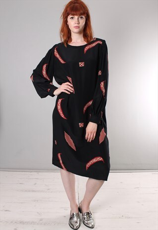 VINTAGE 80S SILK PATTERNED LONG SLEEVE MIDI DRESS
