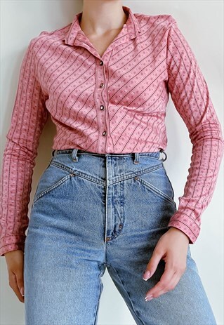 VINTAGE 70S FITTED PINK STRIPE&FLORAL LONG SLEEVE BLOUSE XS