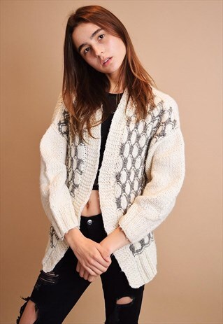 80'S RETRO COZY ABSTRACT PATTERN OPEN FRONT KNIT CARDI
