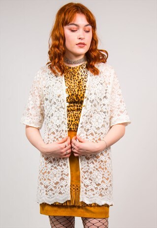 VINTAGE 90'S WHITE FLORAL LACE MESH COLLARLESS BLOUSE SHIRT