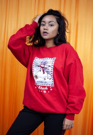 VINTAGE 90S CHRISTMAS SWEATSHIRT RED SNOWMAN GRAPHIC JUMPER