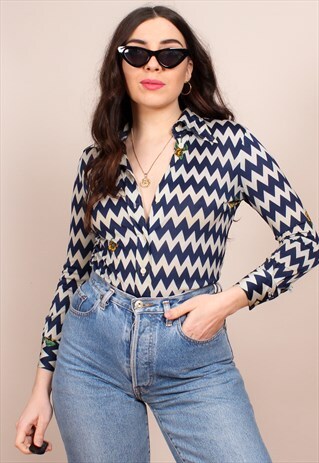VINTAGE 70S CHEVRON FLORAL PRINT BLOUSE