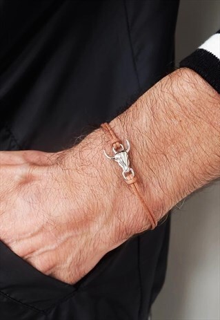 BROWN BULL CORD BRACELET MEN STERLING SILVER BRACELET