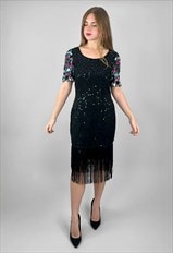 80's Vintage Black Sequin Short Sleeve Fringed Dress