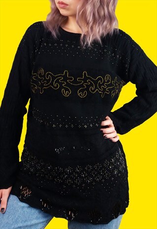 VINTAGE 90'S BEADED WOOL KNIT SWEATER SEQUINS BLOUSE JUMPER