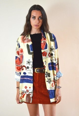 90S VINTAGE ABSTRACT CREAM & BLUE PRINTED SHIRT