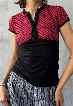 Vintage 90's Black&Red Checkered Fitted Ruffle V-Neck Top