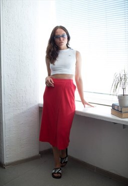 Vintage 80's Knitted Red Front Slit Midi Skirt 