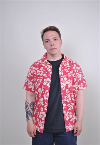 80S PINK HAWAIIAN SHIRT, VINTAGE SHORT SLEEVE FLORAL SHIRT