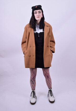 VINTAGE 80'S TAN WOOL GRANNY OVERSIZED COAT SIZE 8 10 12 14