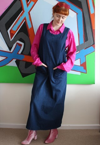 VINTAGE DARK NAVY BLUE DENIM PINAFORE DUNGAREE MAXI DRESS