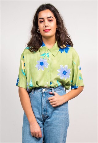 90'S VINTAGE GREEN FLOWER PATTERN SHIRT BLOUSE