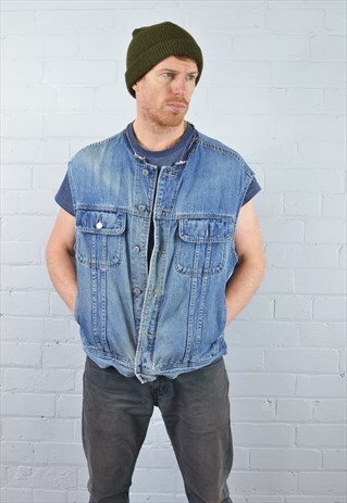 VINTAGE MID BLUE SLEEVELESS COLLARLESS DENIM JACKET