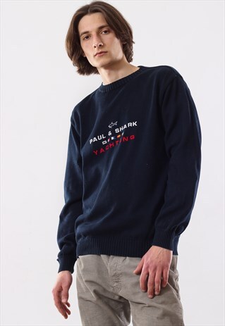 VINTAGE MENS PAUL & SHARK KNITTED BIG LOGO SWEATER JUMPER