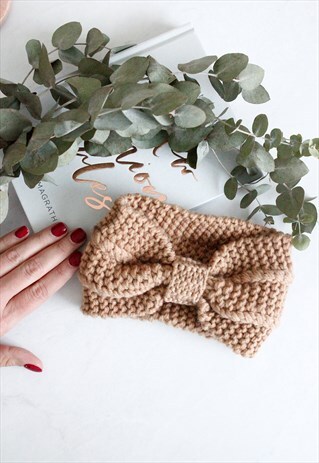 CAMEL BEIGE RIBBED KNITTED KNOTTED HEADBAND