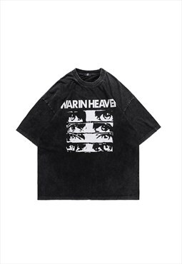 Eyes print t-shirt Y2K tee skater top washed in black