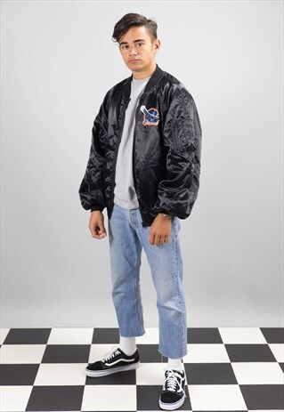90'S VINTAGE BLACK SHINY VARSITY BOMBER JACKET
