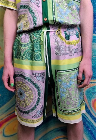 Paisley shorts bandanna print crop board pants green yellow