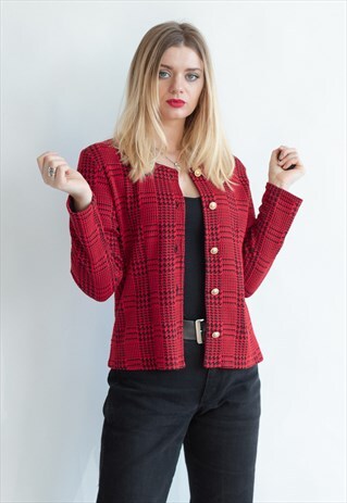 VINTAGE 80S ROUND-NECK BLAZER IN RED CHECKS
