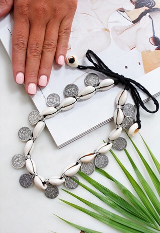 SILVER COIN PUKA SHELL BOHO CHOKER NECKLACE