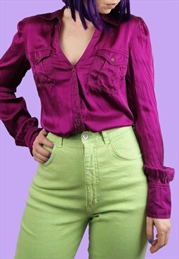 Vintage 90's ESPRIT Blouse Shirt V-neck Magenta Pink