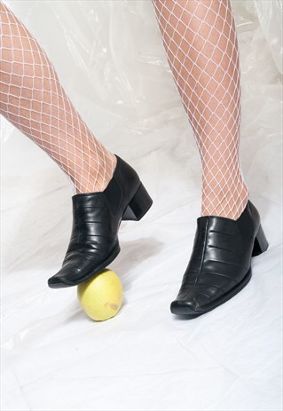 VINTAGE LEATHER SHOES 90S BLACK BLOCK HEEL POINTED SHOES