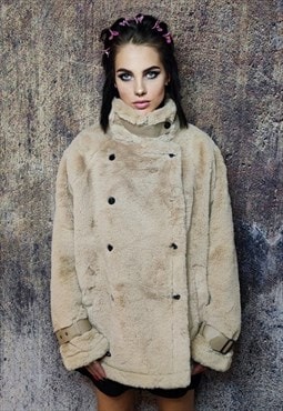 Faux fur duffle coat buckle strap double breasted jacket