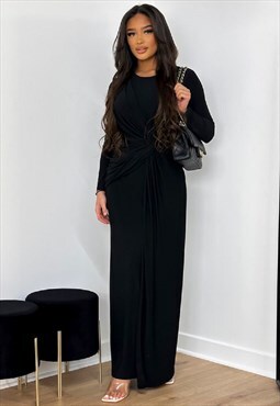 Black Long Sleeve Knot Detail Maxi Dress