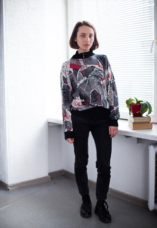 VINTAGE 80'S ABSTRACT PRINT HIGH COLLAR BLOUSE