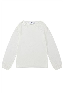 Transparent sweater sheer sleeves knitted jumper in white