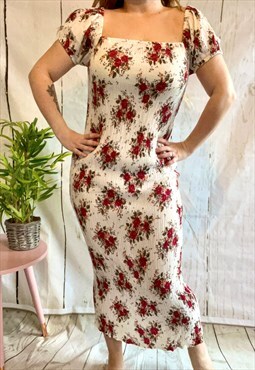 Vintage Red & White Floral Cottagecore 90's Bardot Dress