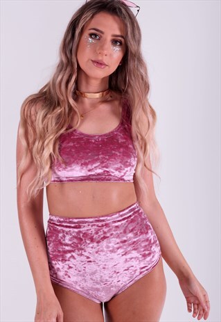 PINK VELVET CROP AND FULL BRIEF BOTTOMS FESTIVAL SET