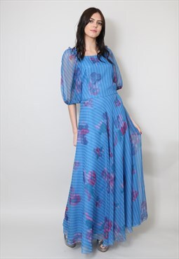 70's Ladies Vintage Blue Sheer Puff Sleeve Maxi Dress