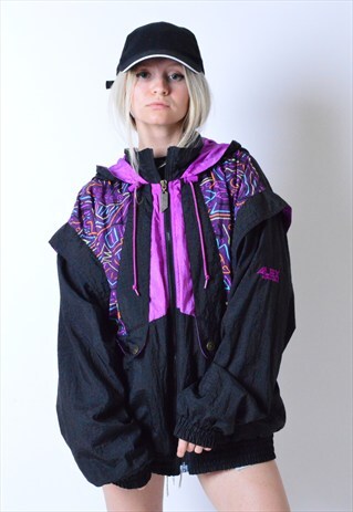 VINTAGE 90S BLACK COLOURFUL AZTEC SHELL JACKET WITH HOOD