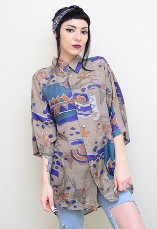 VINTAGE 90'S SILK ABSTRACT PATTERNED OVERSIZED SHIRT