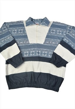 Vintage Fleece 1/4 Zip Retro Pattern Blue XL