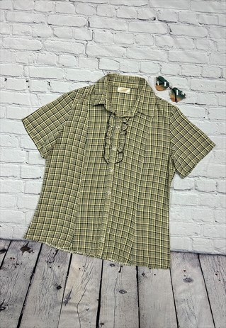 VINTAGE CHECKED FRILL DETAIL BLOUSE SIZE 14