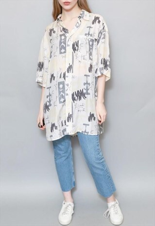 VINTAGE 1990'S WHITE AND GREY ABSTRACT PRINT OVERSIZED SHIRT