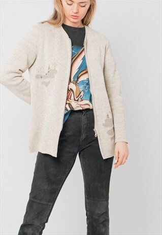 VINTAGE 80S BOXY FIT ZIP UP KNITTED CARDIGAN IN BEIGE