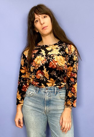 VINTAGE 90'S VELVET RUSTY FLORALS LONG SLEEVE TOP - S/M