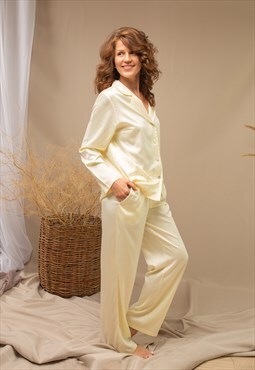 Cream satin pajama set Long sleeve button down Bridal PJs