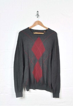Vintage Knitted Jumper Retro Pringle Pattern Grey XL