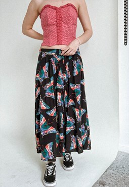 Vintage 90s Grunge Maxi Pleated Butterfly Skirt in Black M